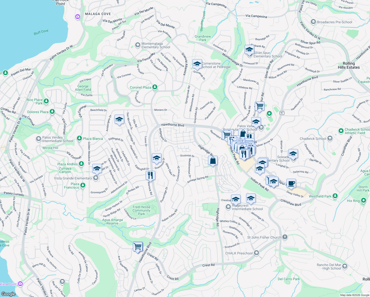 map of restaurants, bars, coffee shops, grocery stores, and more near 28192 Ridgecove Court South in Rancho Palos Verdes