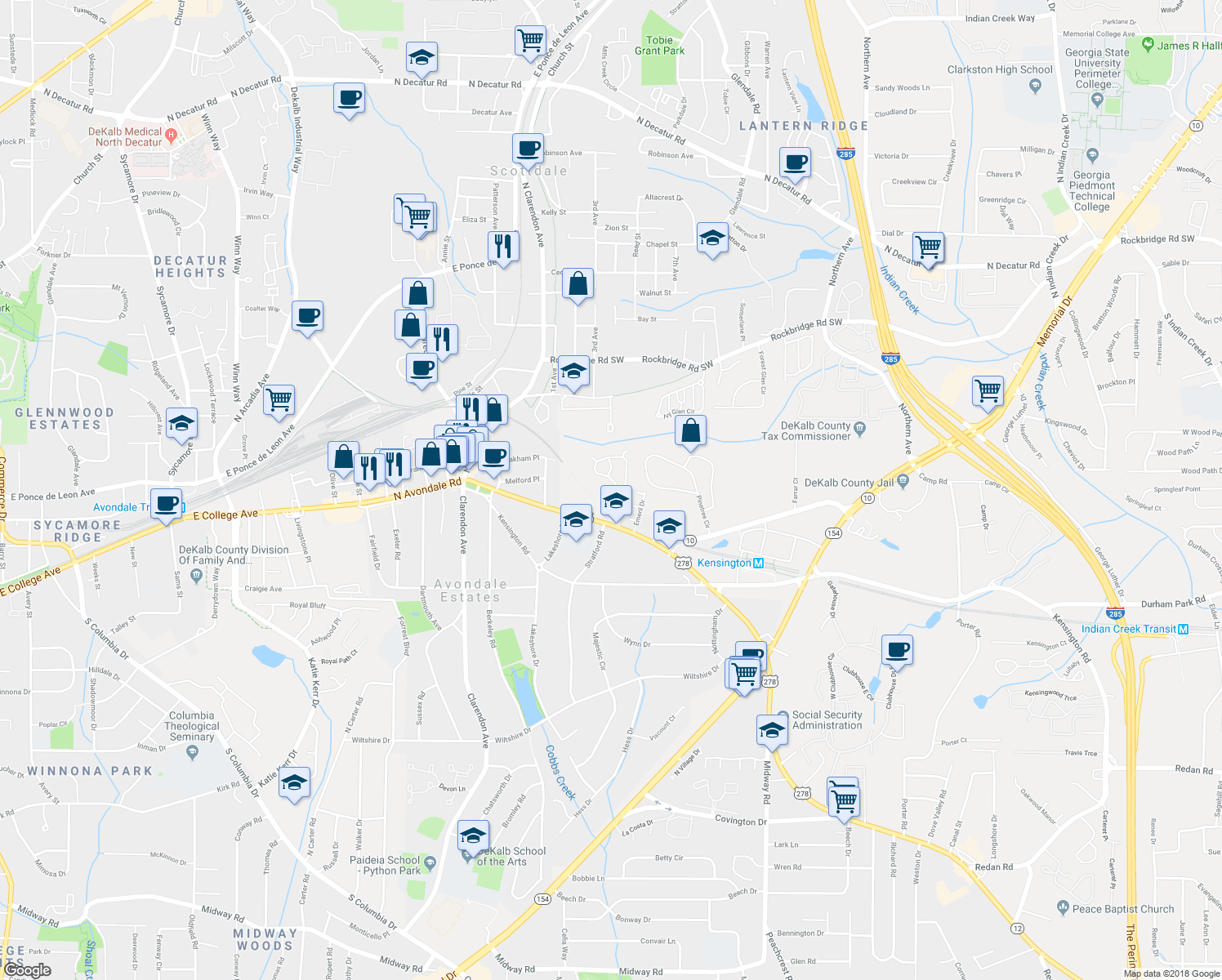 map of restaurants, bars, coffee shops, grocery stores, and more near 542 Stratford Green in Avondale Estates