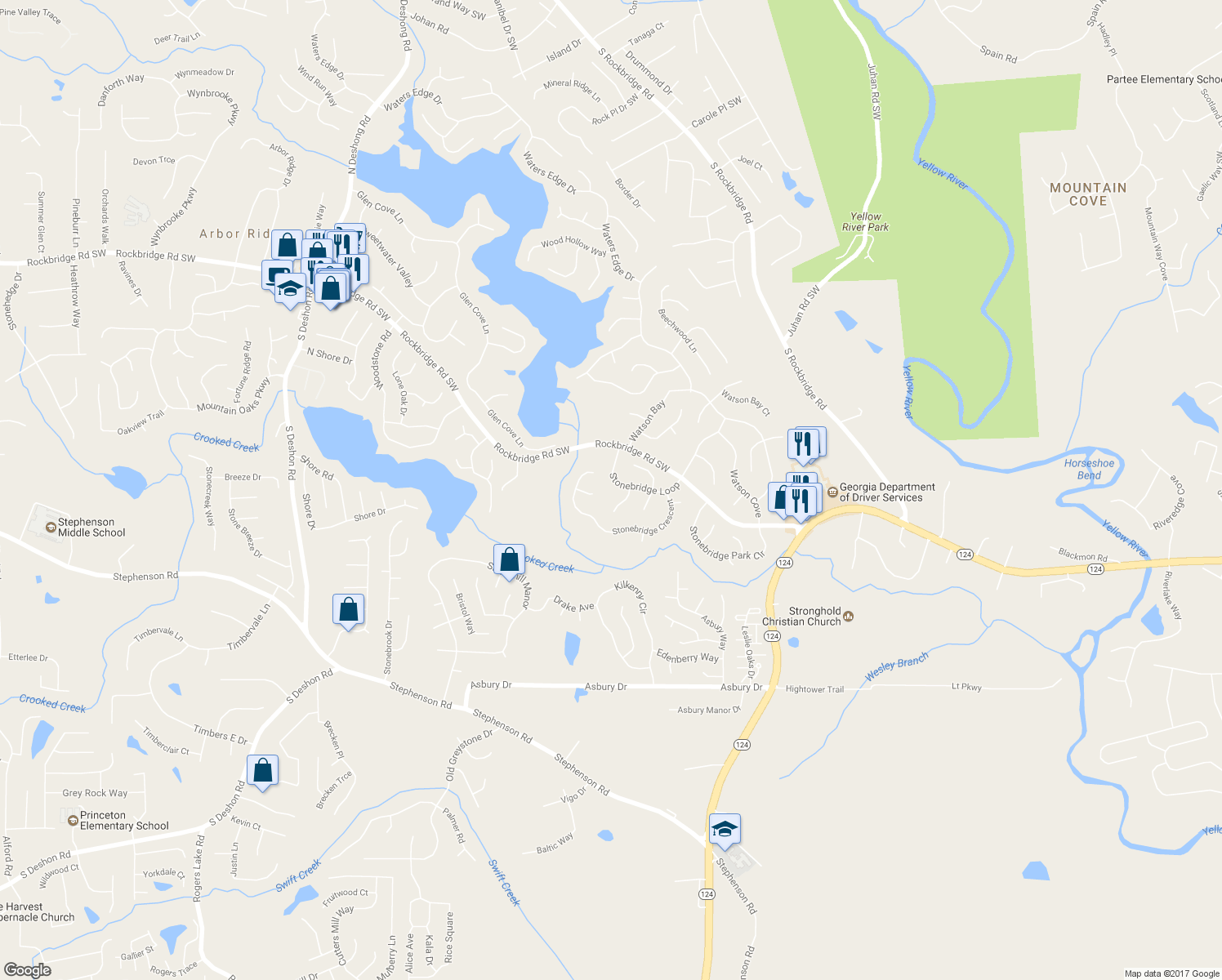 map of restaurants, bars, coffee shops, grocery stores, and more near 675 Stonebridge Loop in Lithonia