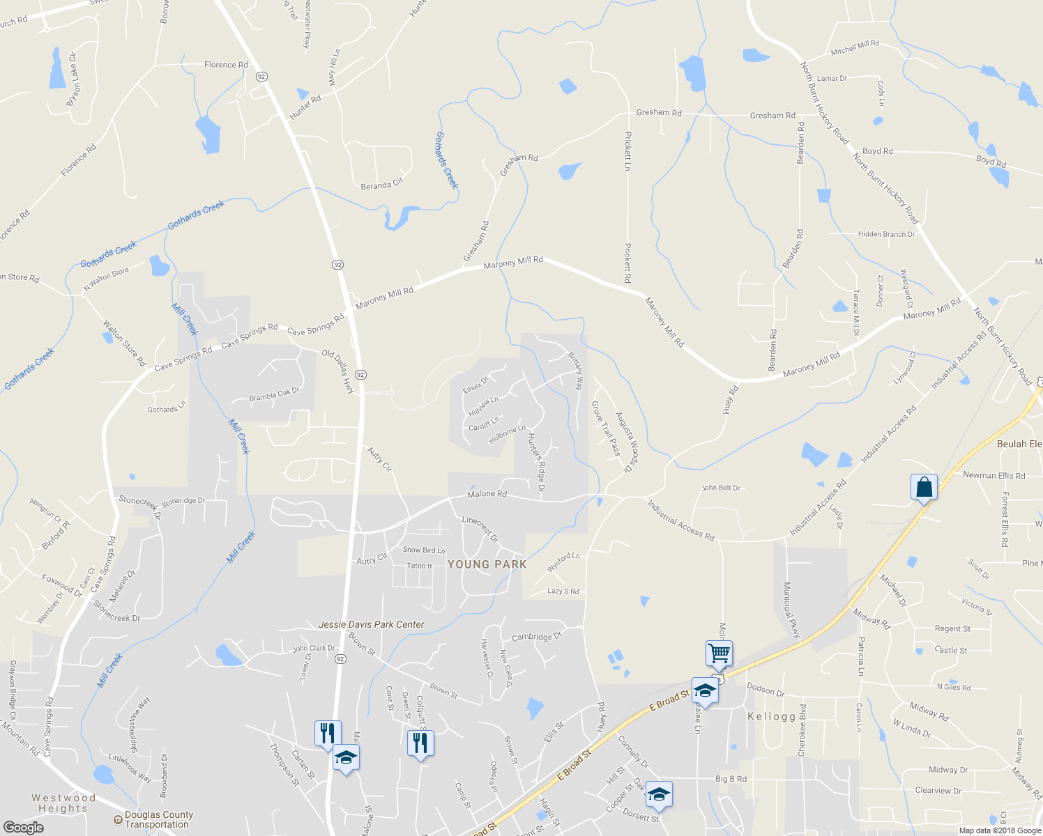 map of restaurants, bars, coffee shops, grocery stores, and more near 7498 Bristol Circle in Douglasville