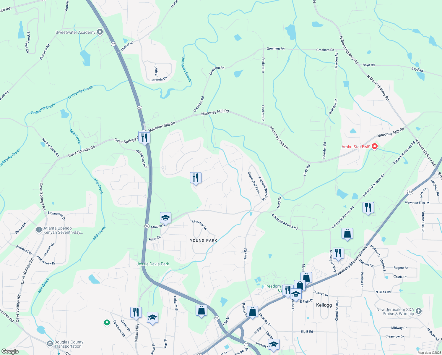 map of restaurants, bars, coffee shops, grocery stores, and more near 7420 Hunters Ridge Drive in Douglasville