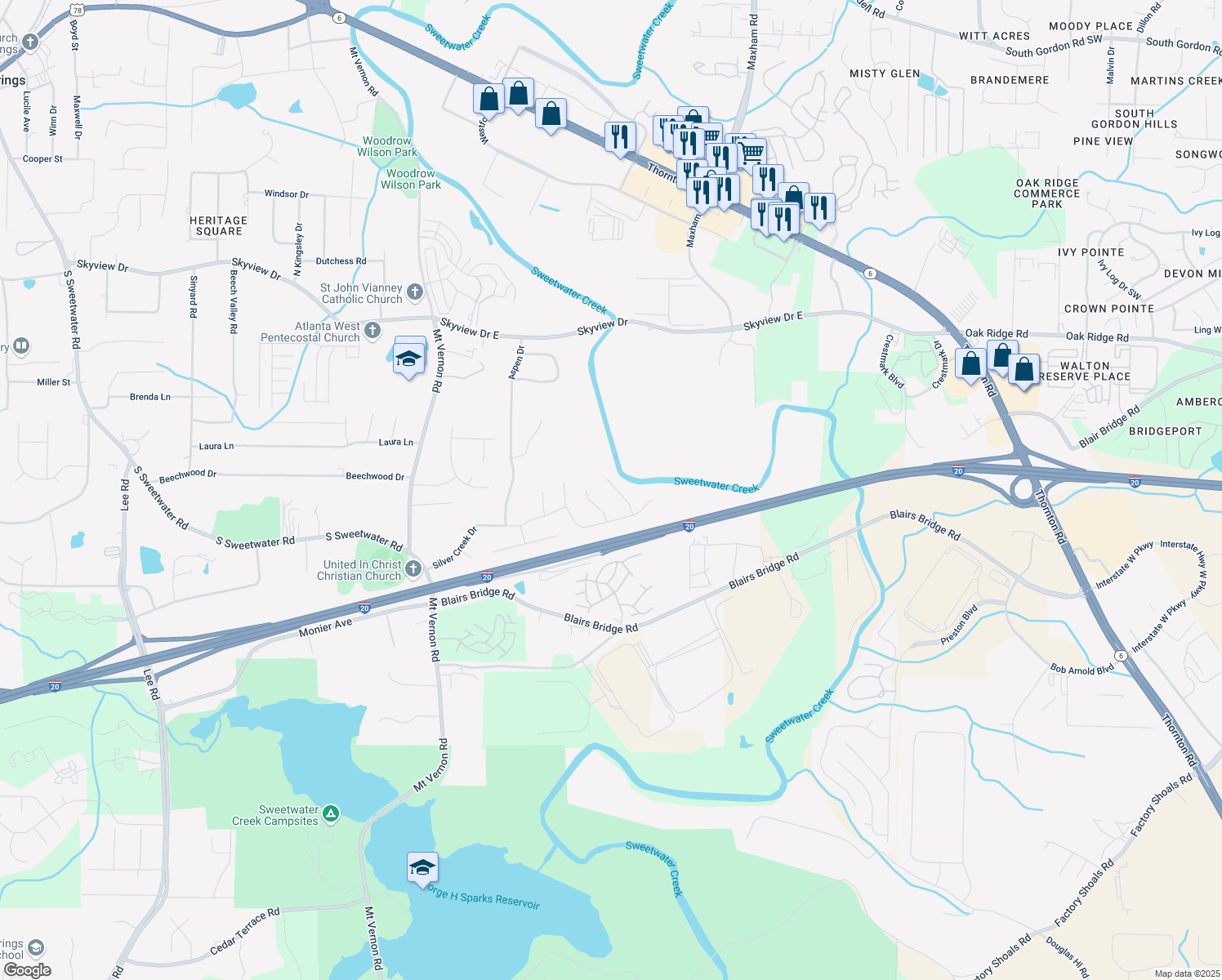 map of restaurants, bars, coffee shops, grocery stores, and more near 1651 Sloping Tree Way in Lithia Springs