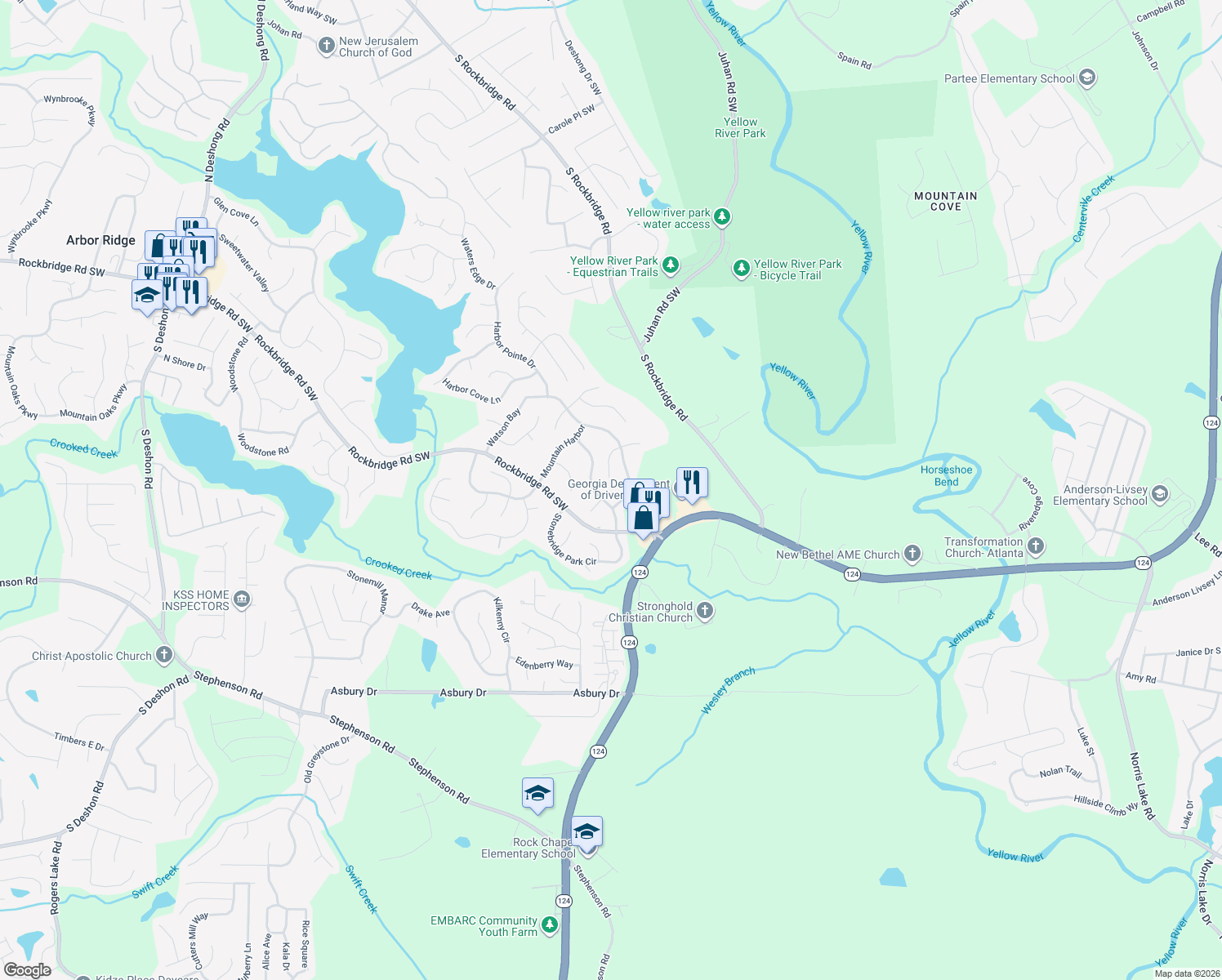 map of restaurants, bars, coffee shops, grocery stores, and more near 7529 Watson Kaye in Stone Mountain