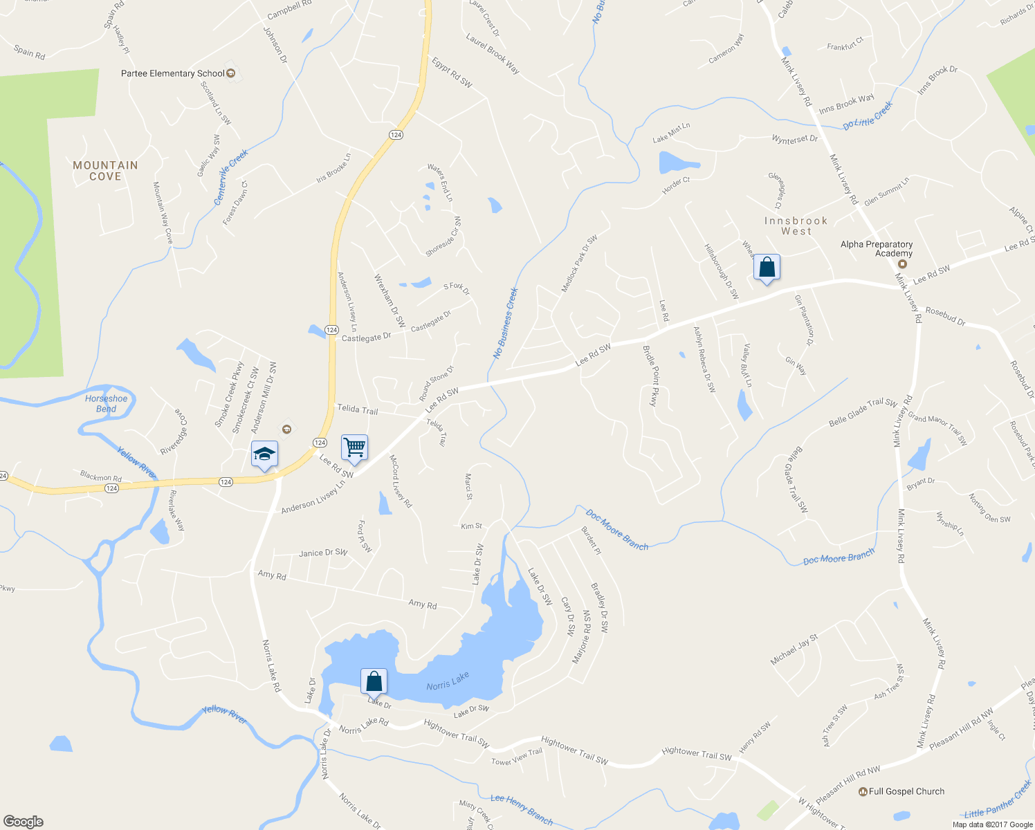 map of restaurants, bars, coffee shops, grocery stores, and more near 4437 James Wade Drive in Snellville