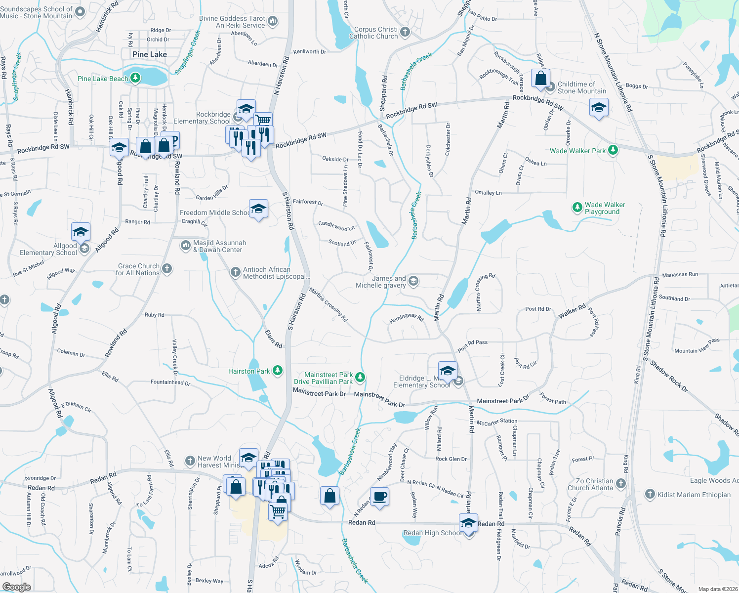 map of restaurants, bars, coffee shops, grocery stores, and more near 697 Tarkington Rd N in Stone Mountain
