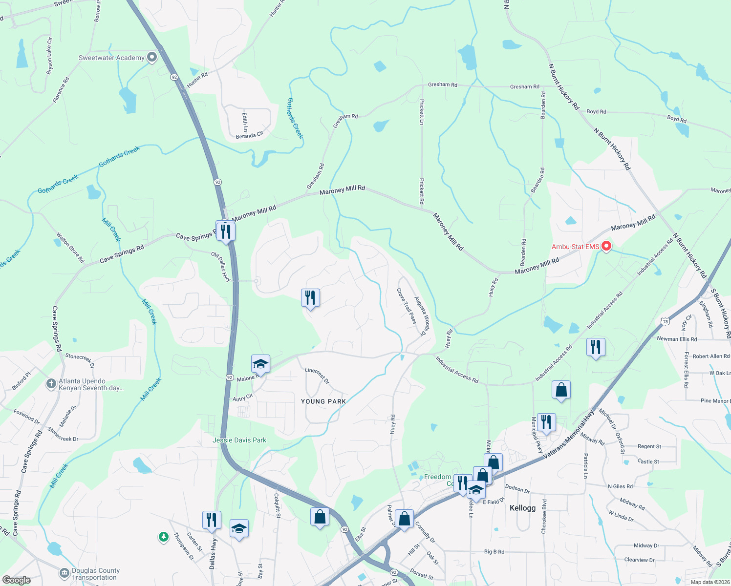 map of restaurants, bars, coffee shops, grocery stores, and more near 7370 Hunters Ridge Drive in Douglasville