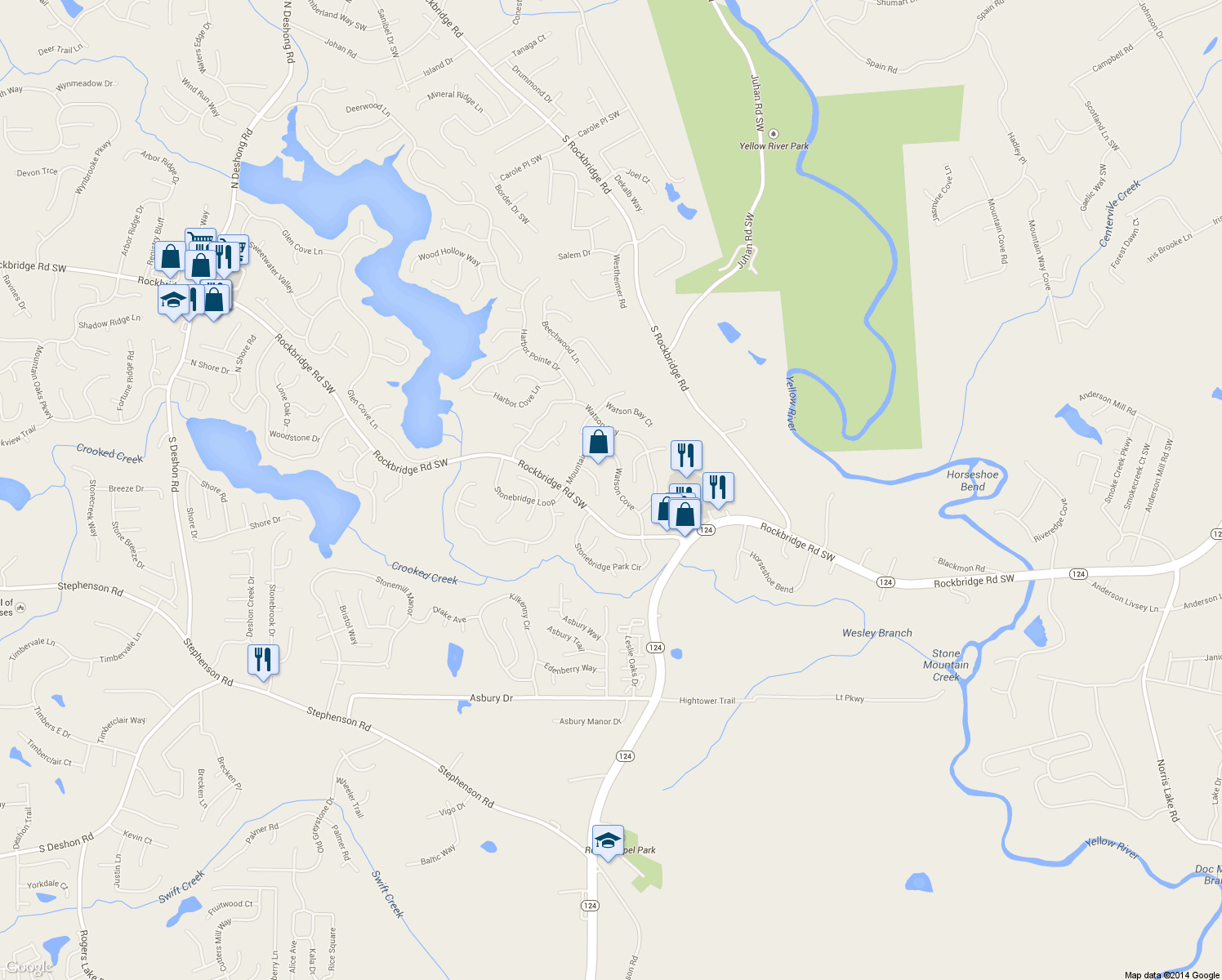 map of restaurants, bars, coffee shops, grocery stores, and more near 649 Watson Cove in Stone Mountain