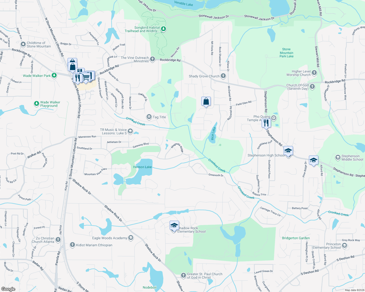map of restaurants, bars, coffee shops, grocery stores, and more near 6163 Magnolia Ridge in Stone Mountain