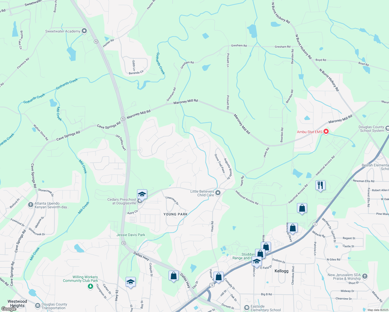 map of restaurants, bars, coffee shops, grocery stores, and more near 7375 Hunters Ridge Drive in Douglasville