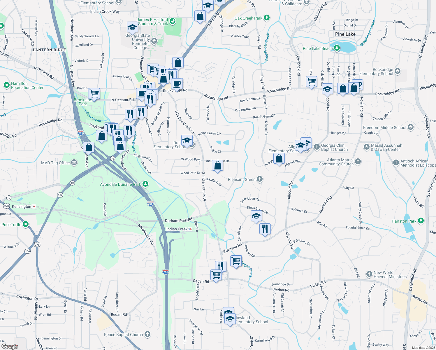 map of restaurants, bars, coffee shops, grocery stores, and more near 4019 7 Hills Ct in Stone Mountain