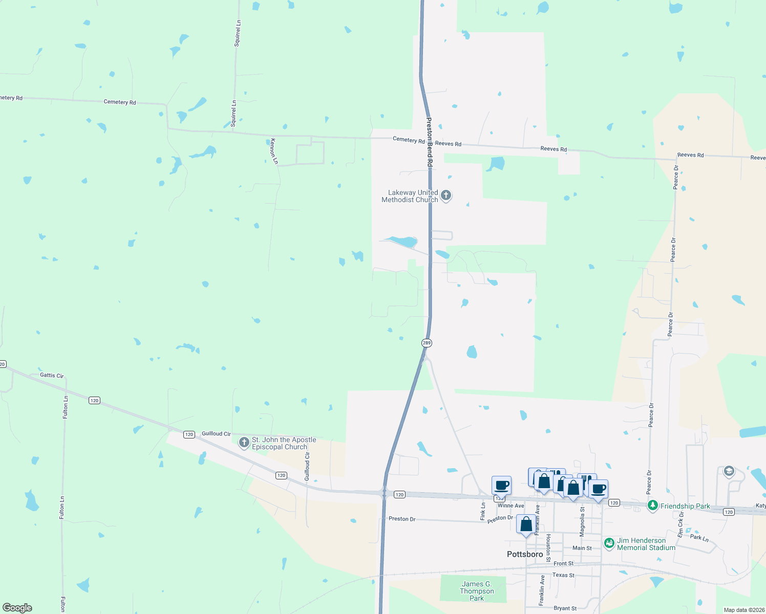 map of restaurants, bars, coffee shops, grocery stores, and more near 133 S Meadowbrook Dr in Pottsboro