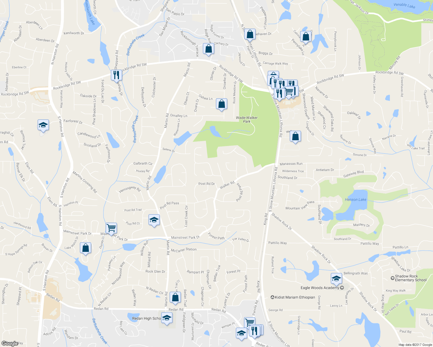 map of restaurants, bars, coffee shops, grocery stores, and more near 667 Kingsgate Ridge in Stone Mountain