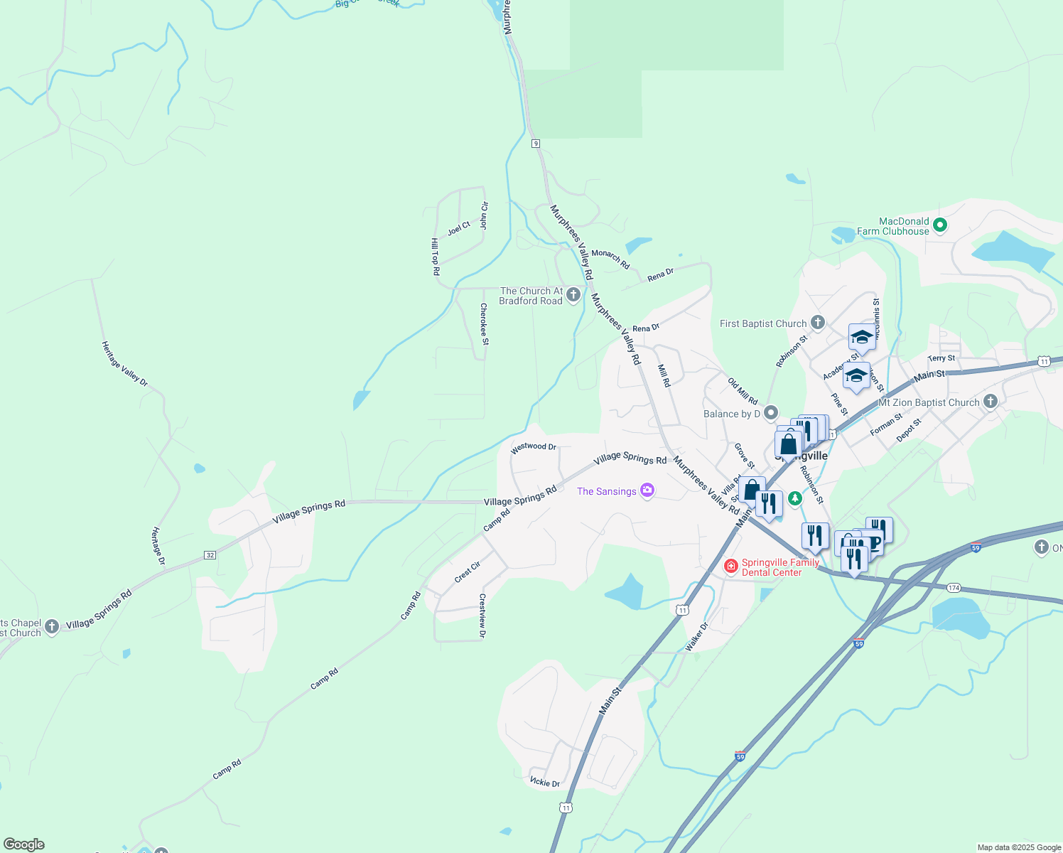 map of restaurants, bars, coffee shops, grocery stores, and more near 112 Burgess Drive in Springville