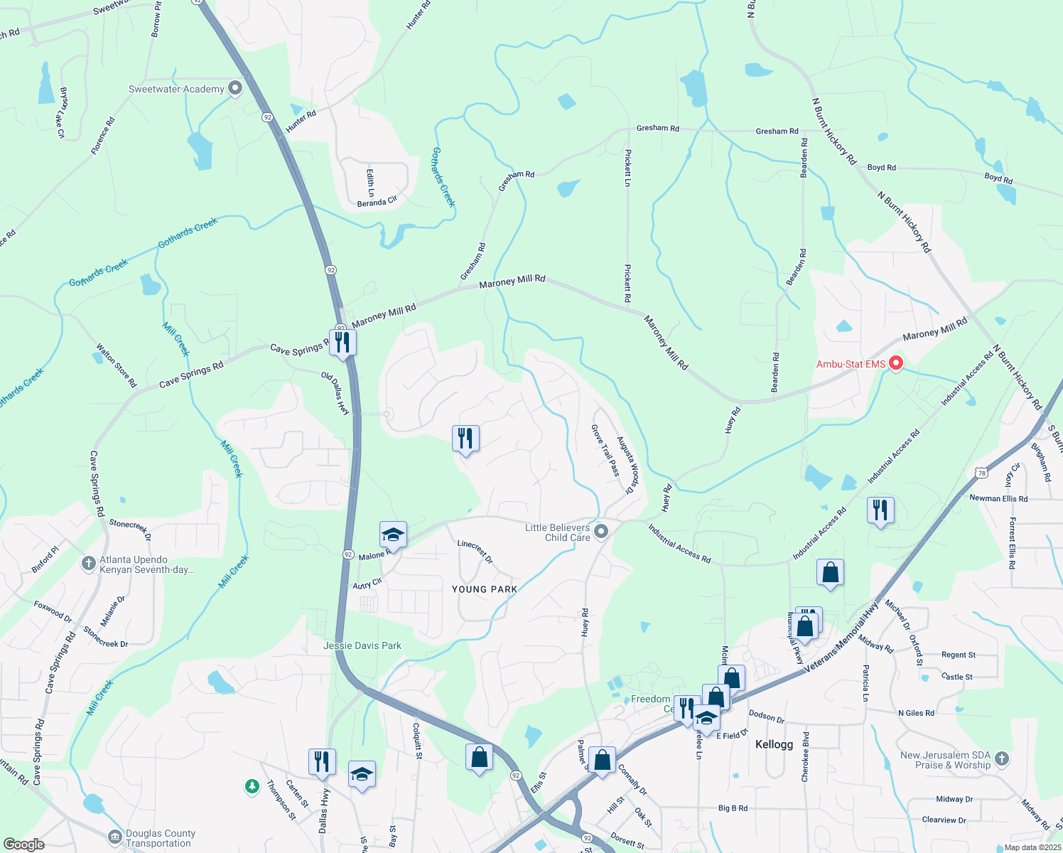 map of restaurants, bars, coffee shops, grocery stores, and more near 7340 Hunters Ridge Drive in Douglasville