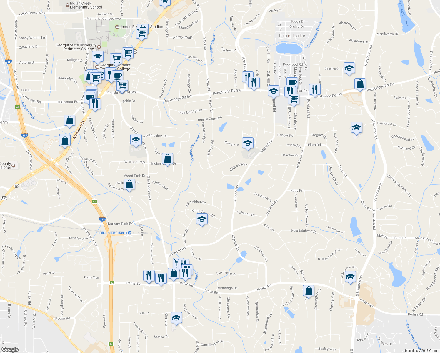 map of restaurants, bars, coffee shops, grocery stores, and more near 4232 Nelby Drive in Stone Mountain