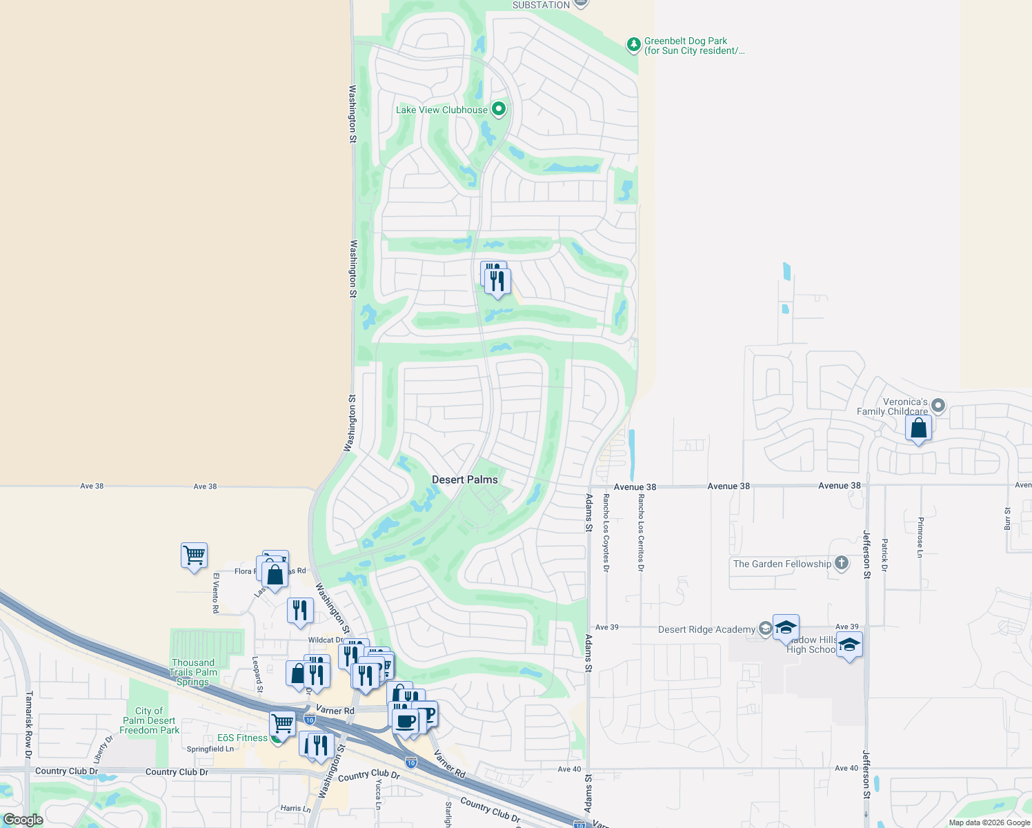 map of restaurants, bars, coffee shops, grocery stores, and more near 78575 Pleasant Drive in Palm Desert