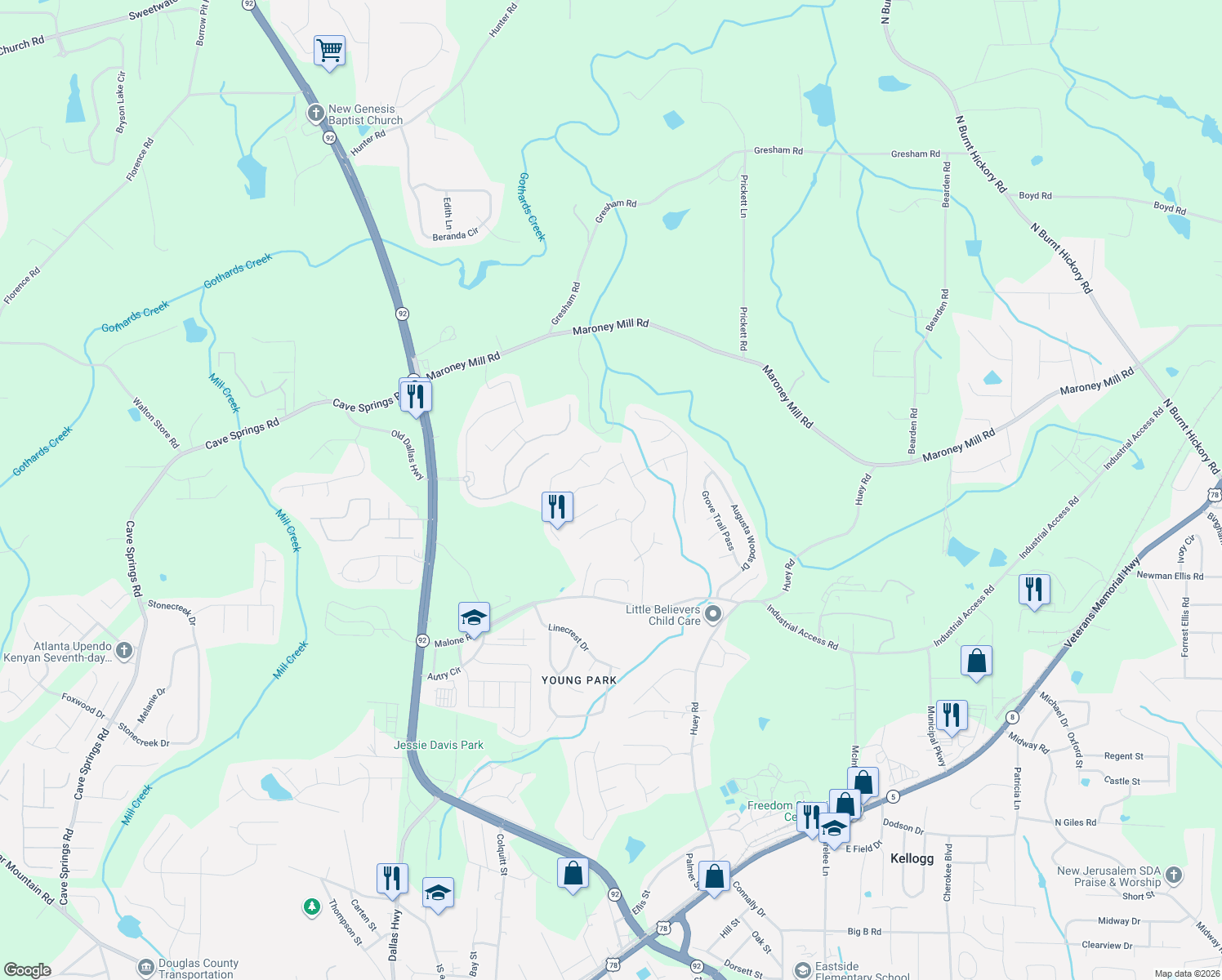 map of restaurants, bars, coffee shops, grocery stores, and more near 7351 Earls Court in Douglasville