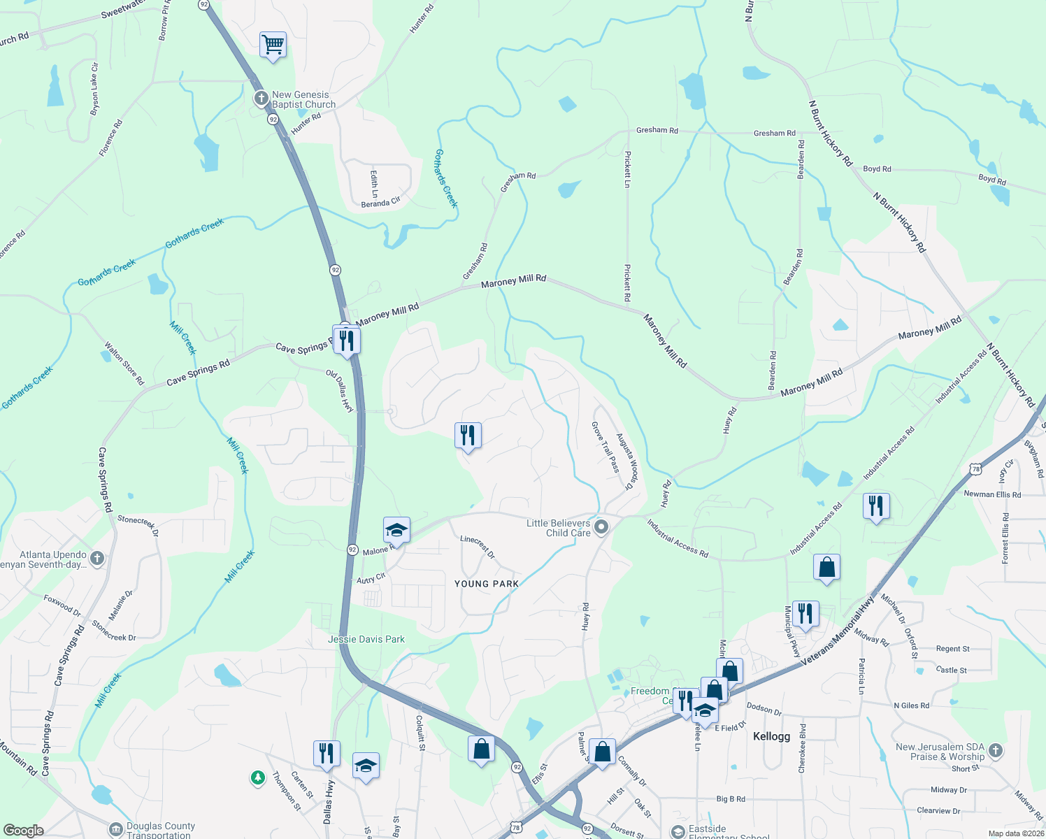 map of restaurants, bars, coffee shops, grocery stores, and more near 7351 Earls Court in Douglasville