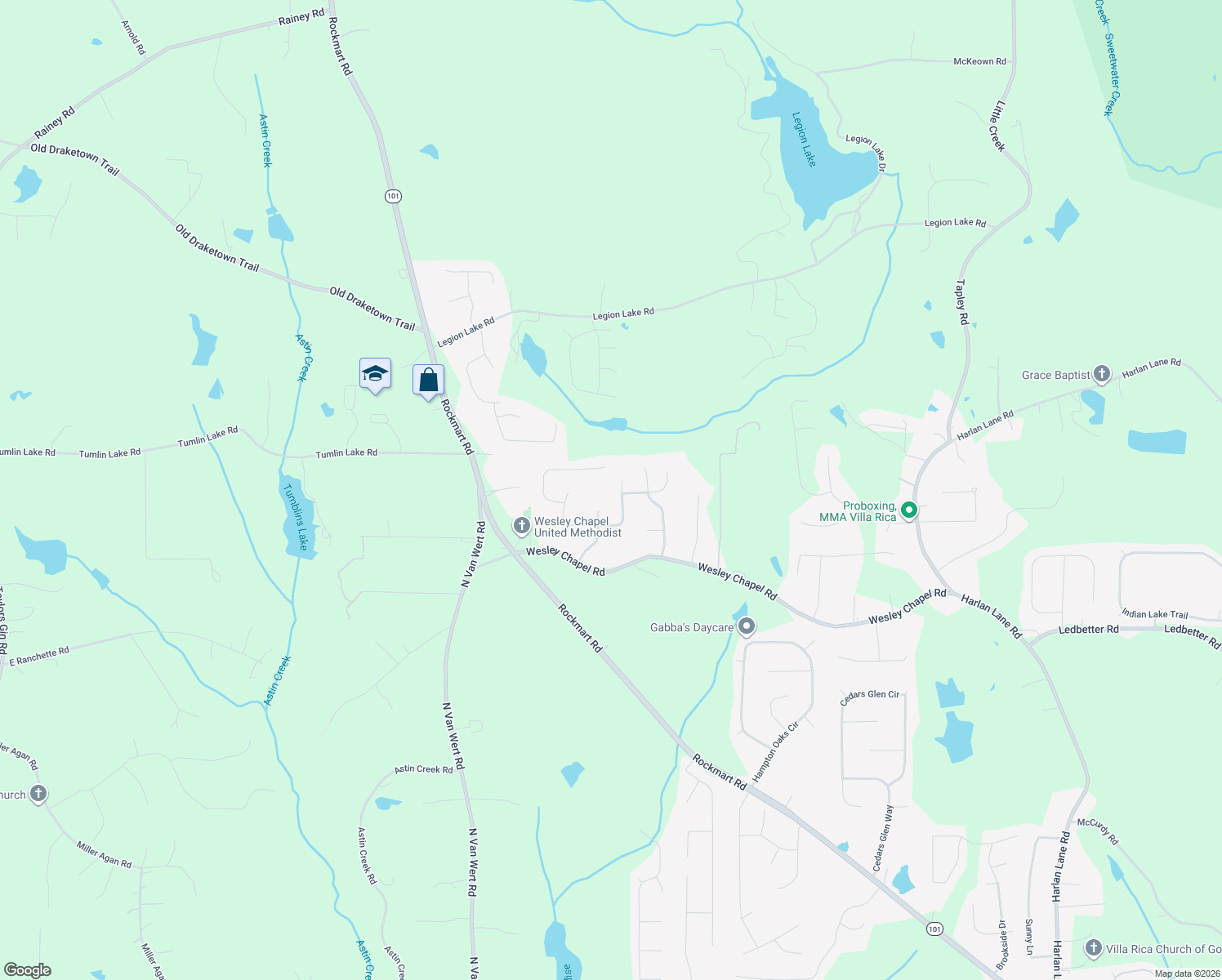 map of restaurants, bars, coffee shops, grocery stores, and more near 209 Wesley Mill Lane in Villa Rica