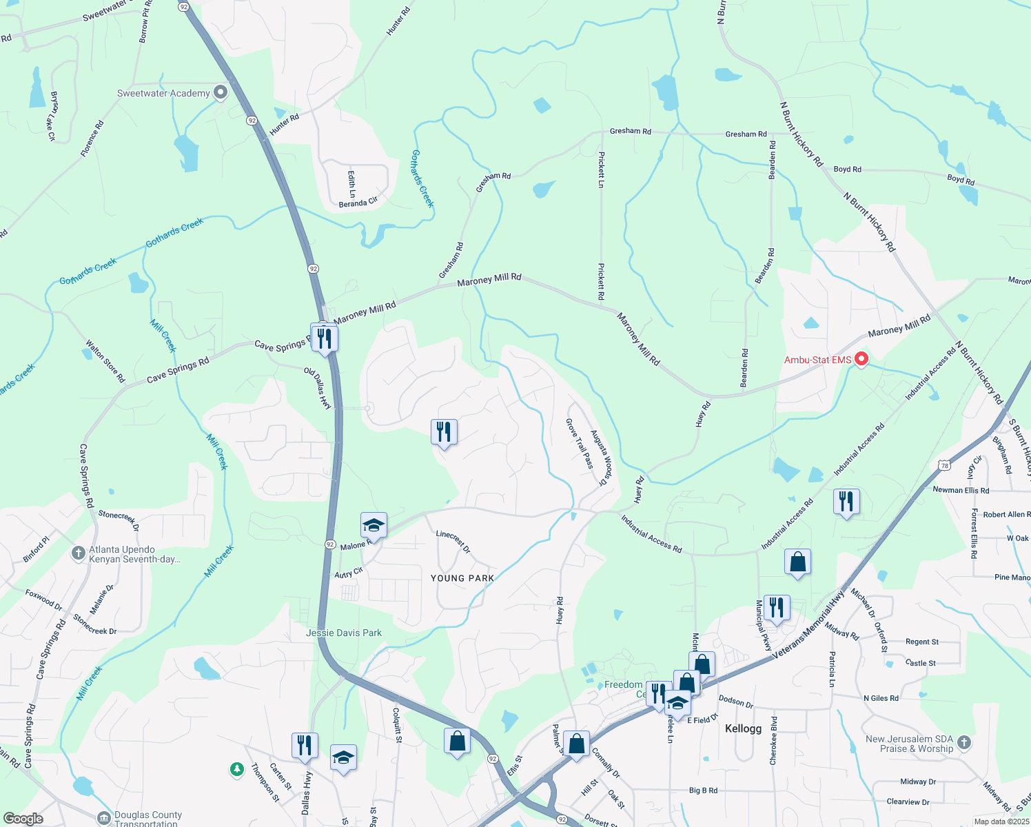 map of restaurants, bars, coffee shops, grocery stores, and more near 7340 Hunters Ridge Drive in Douglasville