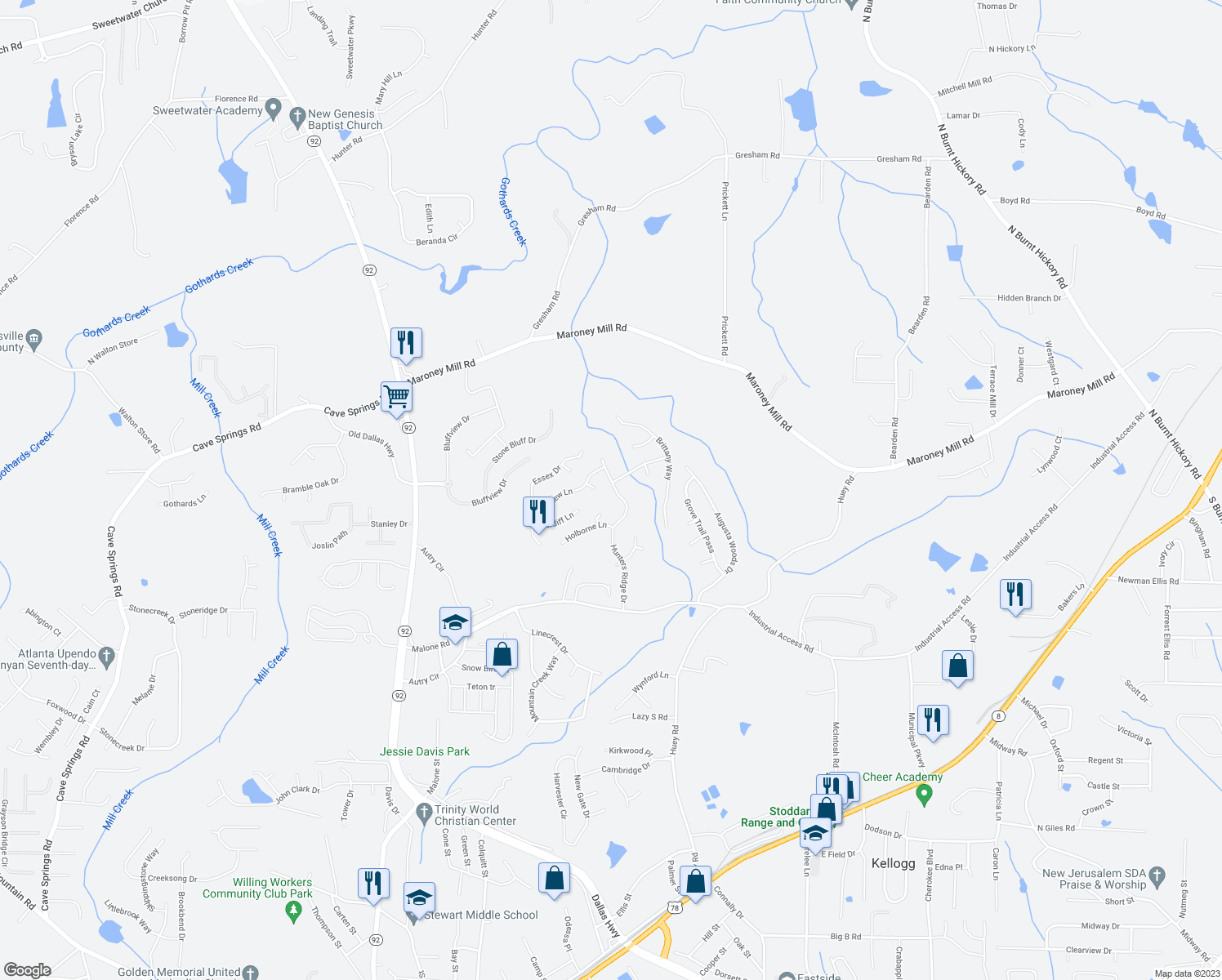 map of restaurants, bars, coffee shops, grocery stores, and more near 7345 Hunters Ridge Drive in Douglasville