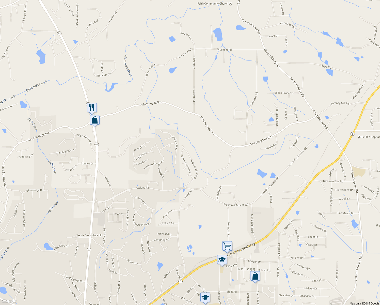 map of restaurants, bars, coffee shops, grocery stores, and more near 1010 Augusta Woods Drive in Douglasville