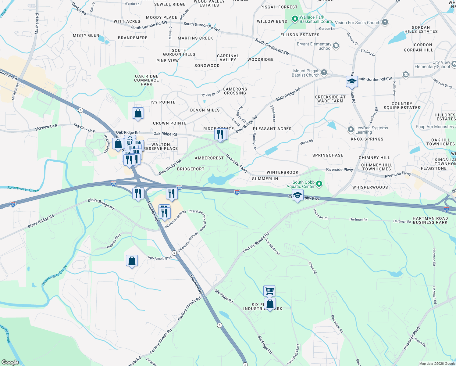 map of restaurants, bars, coffee shops, grocery stores, and more near 1286 Summerstone Trce in Austell