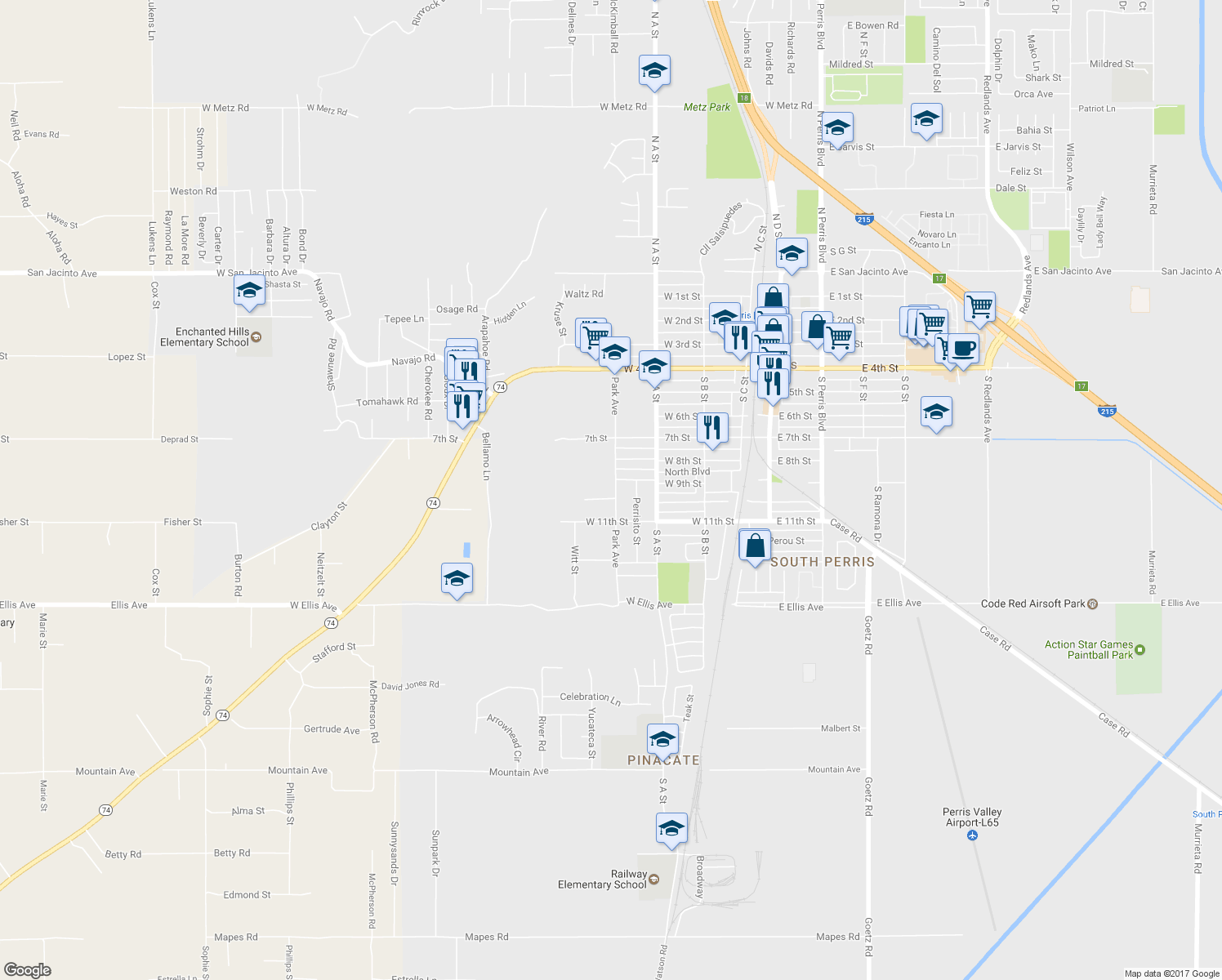 map of restaurants, bars, coffee shops, grocery stores, and more near 920 Park Avenue in Perris