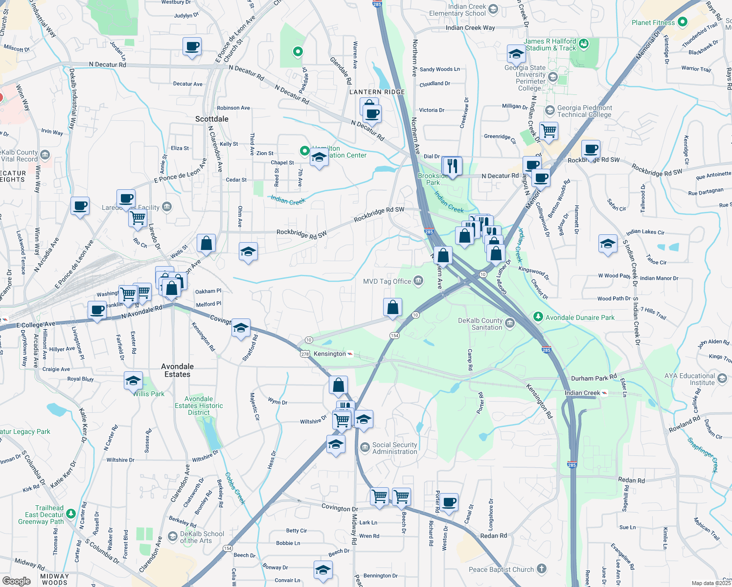map of restaurants, bars, coffee shops, grocery stores, and more near 669 Farrar Ct in Decatur