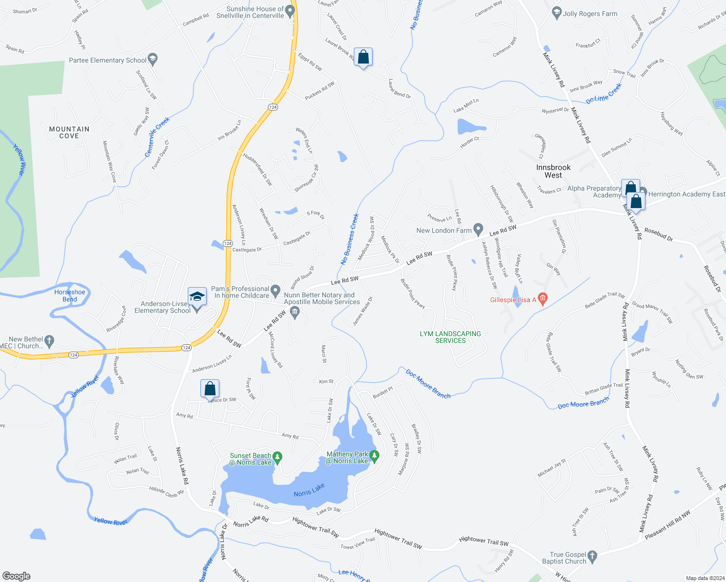 map of restaurants, bars, coffee shops, grocery stores, and more near 4357 James Wade Drive in Snellville