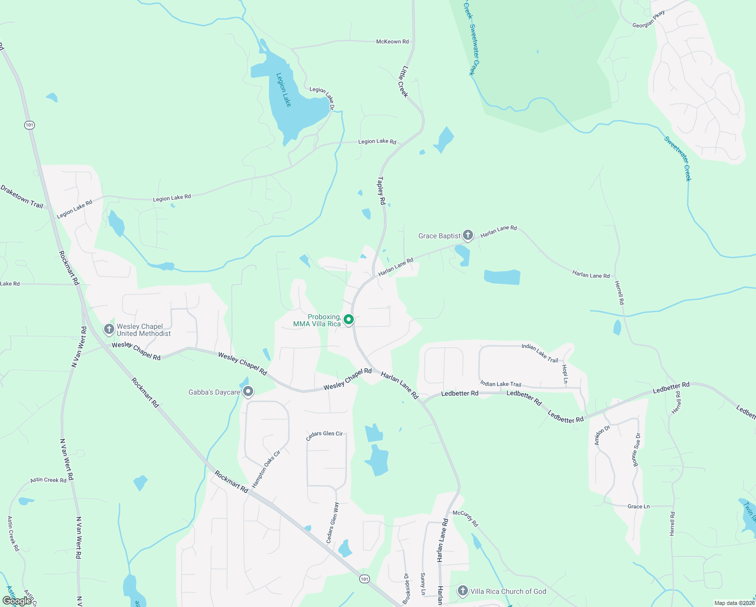map of restaurants, bars, coffee shops, grocery stores, and more near 237 Harlan Heights Road in Villa Rica