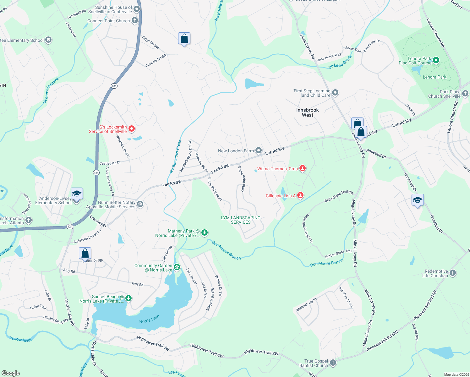 map of restaurants, bars, coffee shops, grocery stores, and more near 4083 Arabian Way Southwest in Snellville