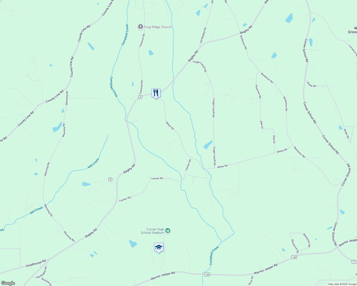 map of restaurants, bars, coffee shops, grocery stores, and more near 3760 White Road in Dora