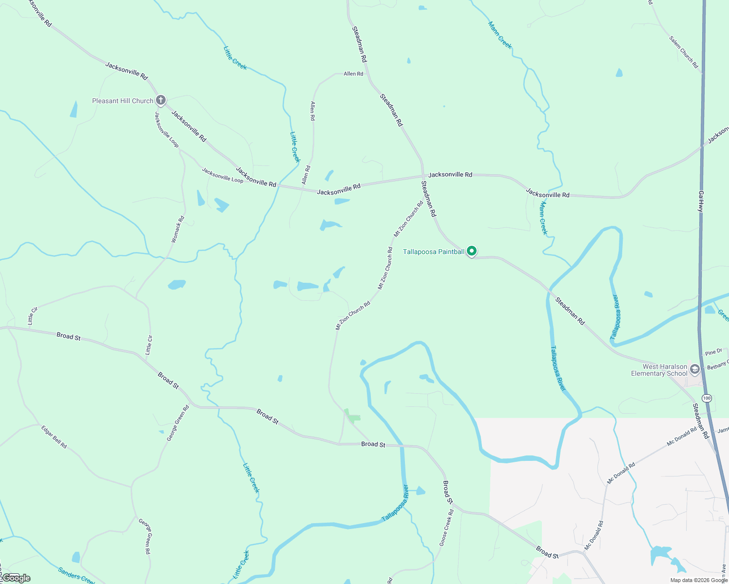 map of restaurants, bars, coffee shops, grocery stores, and more near 402 Mount Zion Church Road in Tallapoosa