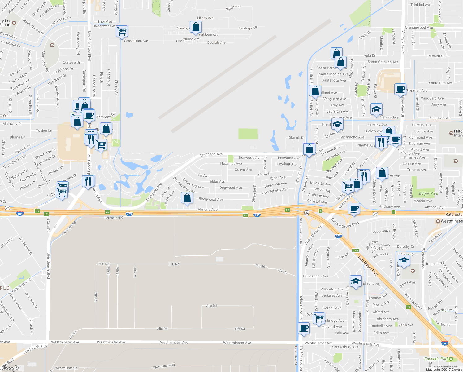 map of restaurants, bars, coffee shops, grocery stores, and more near 4501 Dogwood Avenue in Seal Beach