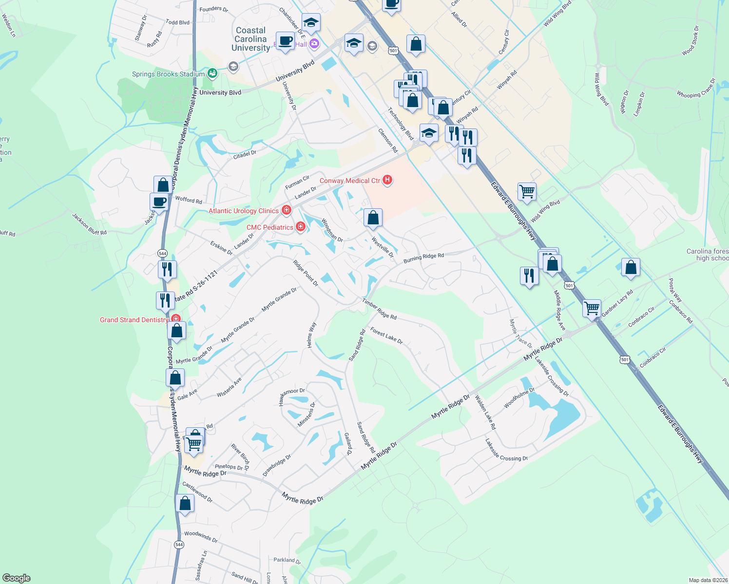map of restaurants, bars, coffee shops, grocery stores, and more near 963 Welkin Court in Conway