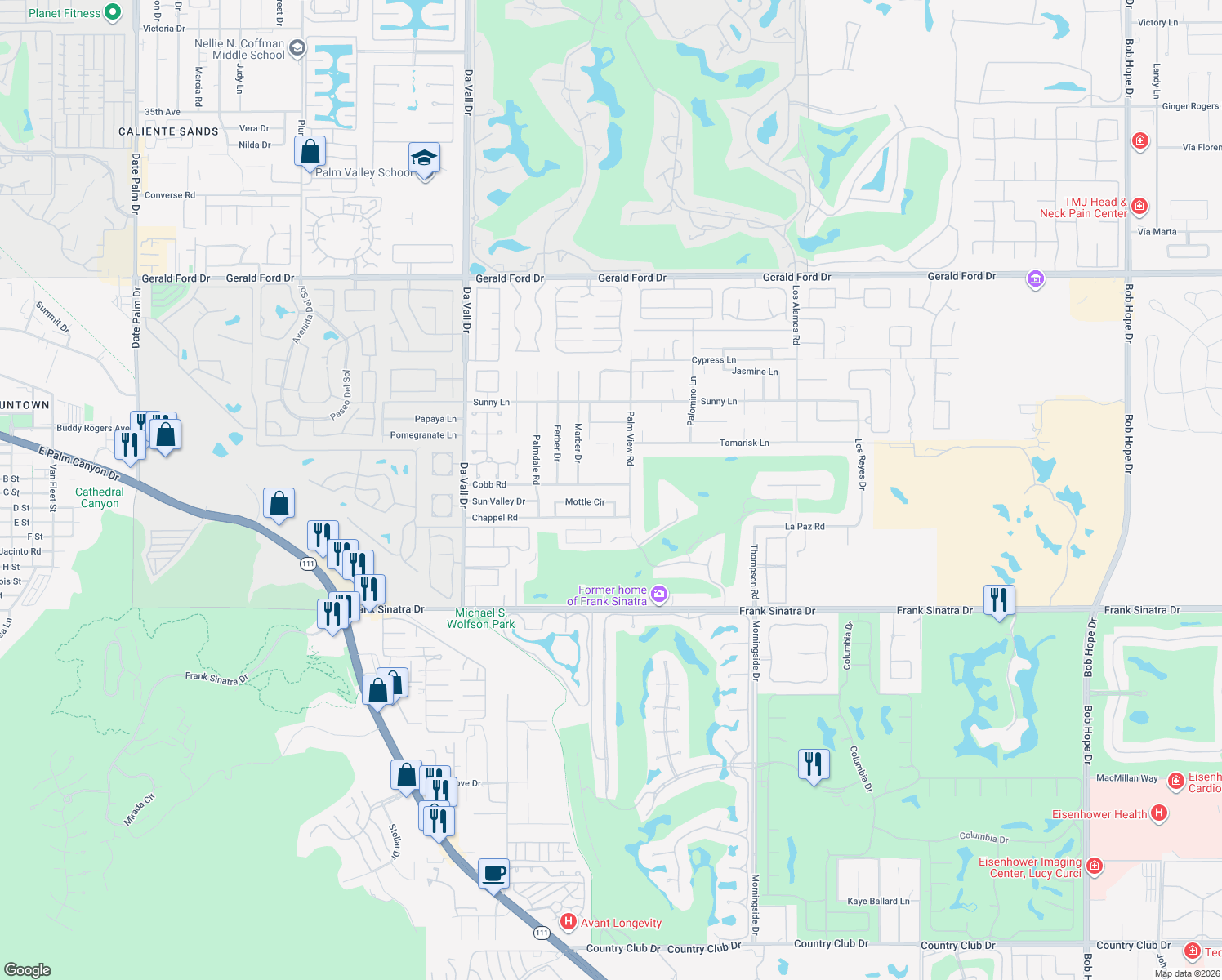 map of restaurants, bars, coffee shops, grocery stores, and more near 70451 Cobb Road in Rancho Mirage