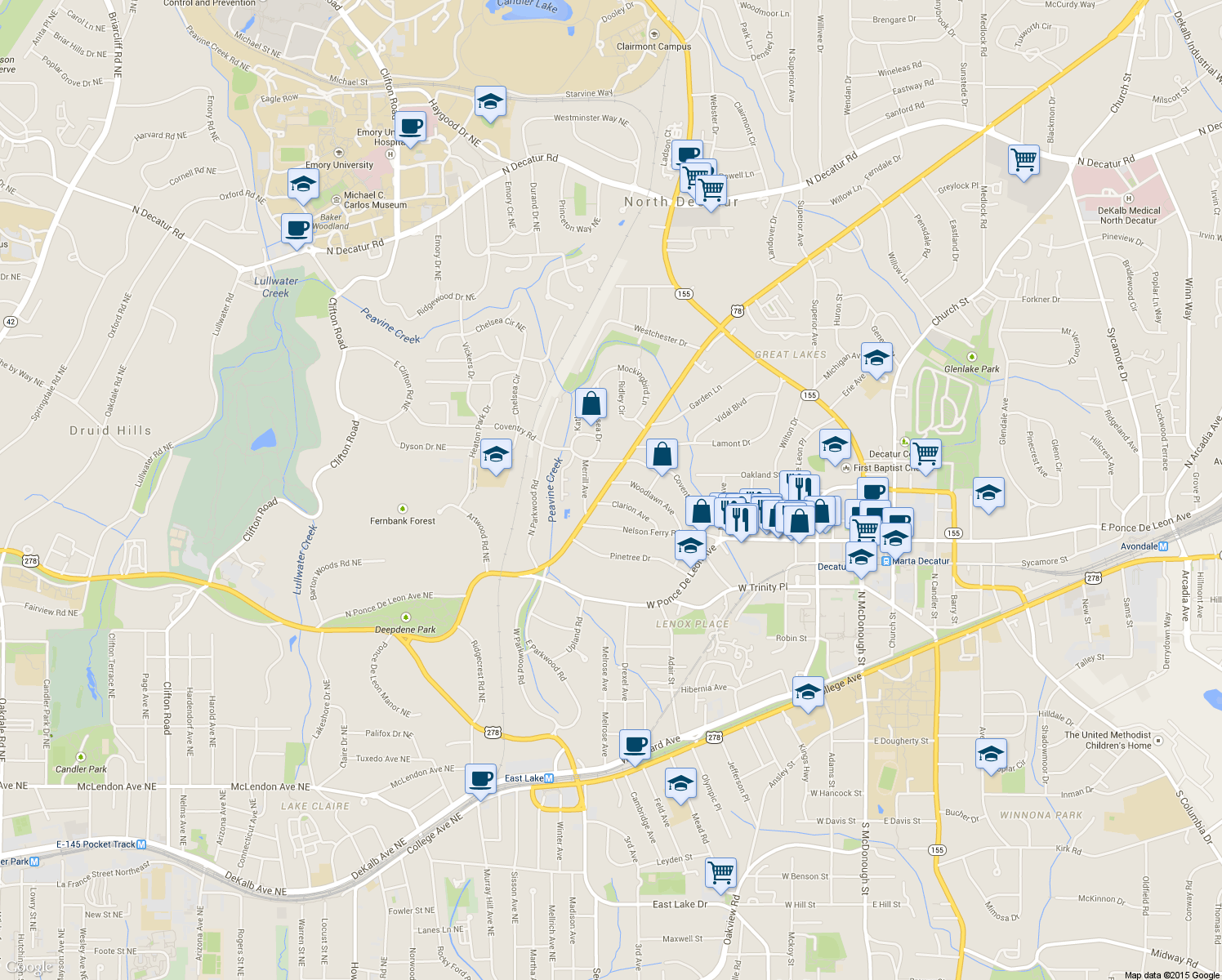 map of restaurants, bars, coffee shops, grocery stores, and more near 244 Woodlawn Ave in Decatur