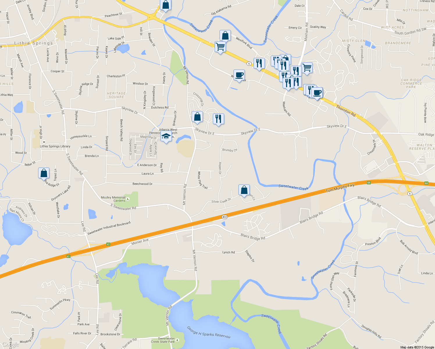 map of restaurants, bars, coffee shops, grocery stores, and more near 991 Aspen Drive in Lithia Springs