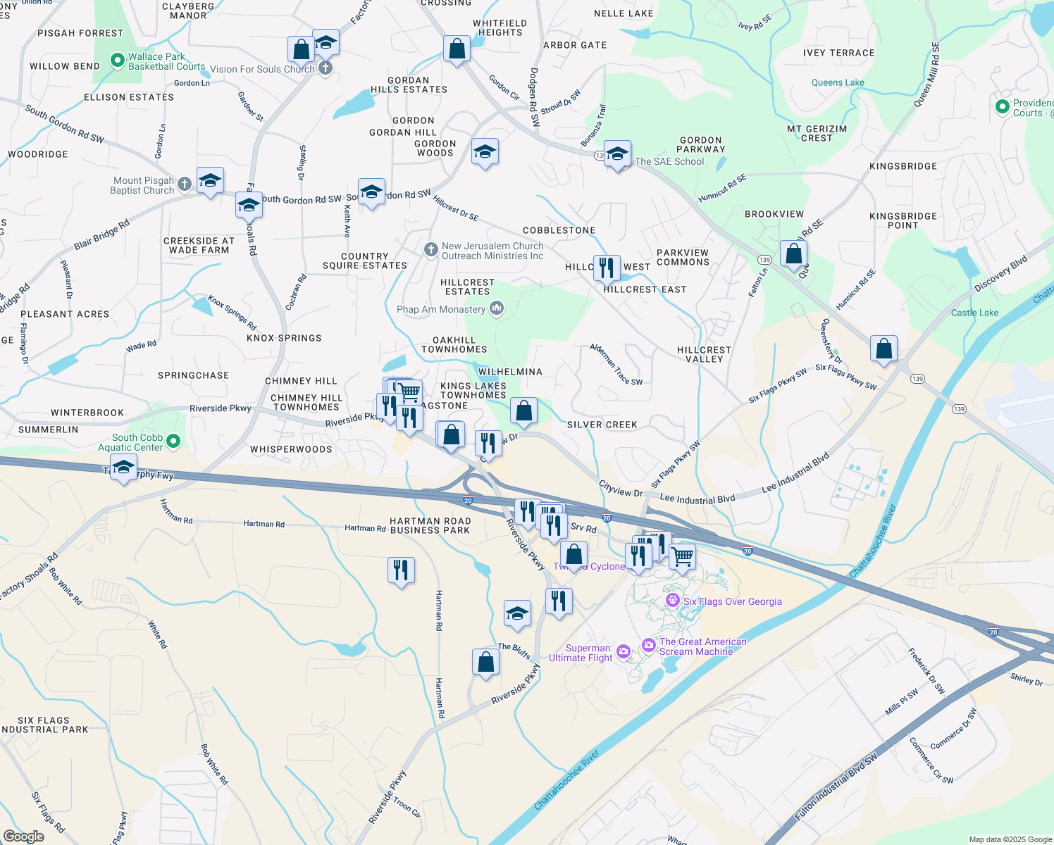 map of restaurants, bars, coffee shops, grocery stores, and more near 7222 Gold Mine Avenue in Austell