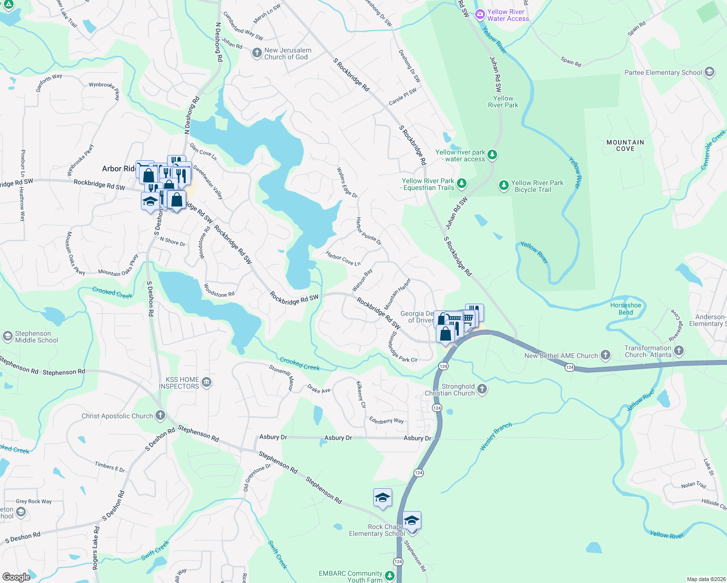 map of restaurants, bars, coffee shops, grocery stores, and more near 7441 Crescent Bend Cove in Stone Mountain