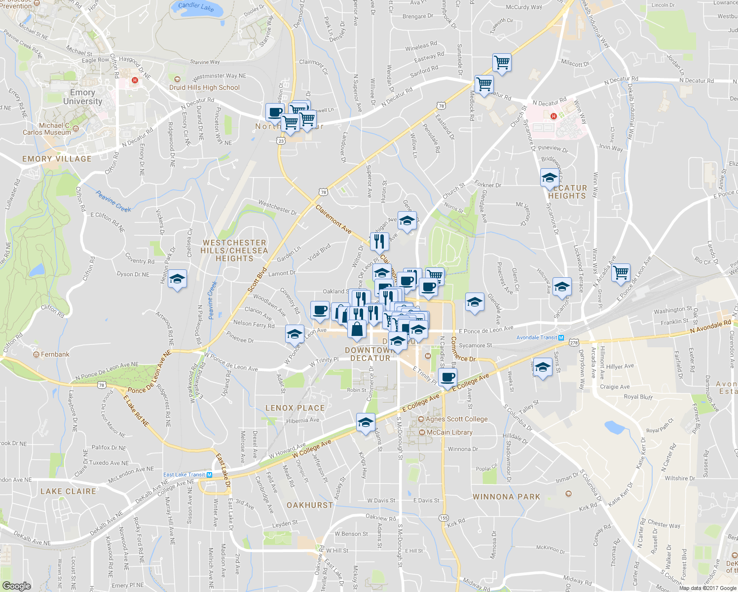 map of restaurants, bars, coffee shops, grocery stores, and more near 125 Beaumont Avenue in Decatur