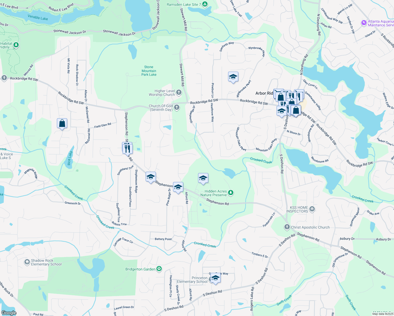 map of restaurants, bars, coffee shops, grocery stores, and more near 725 Raven Springs Trail in Stone Mountain