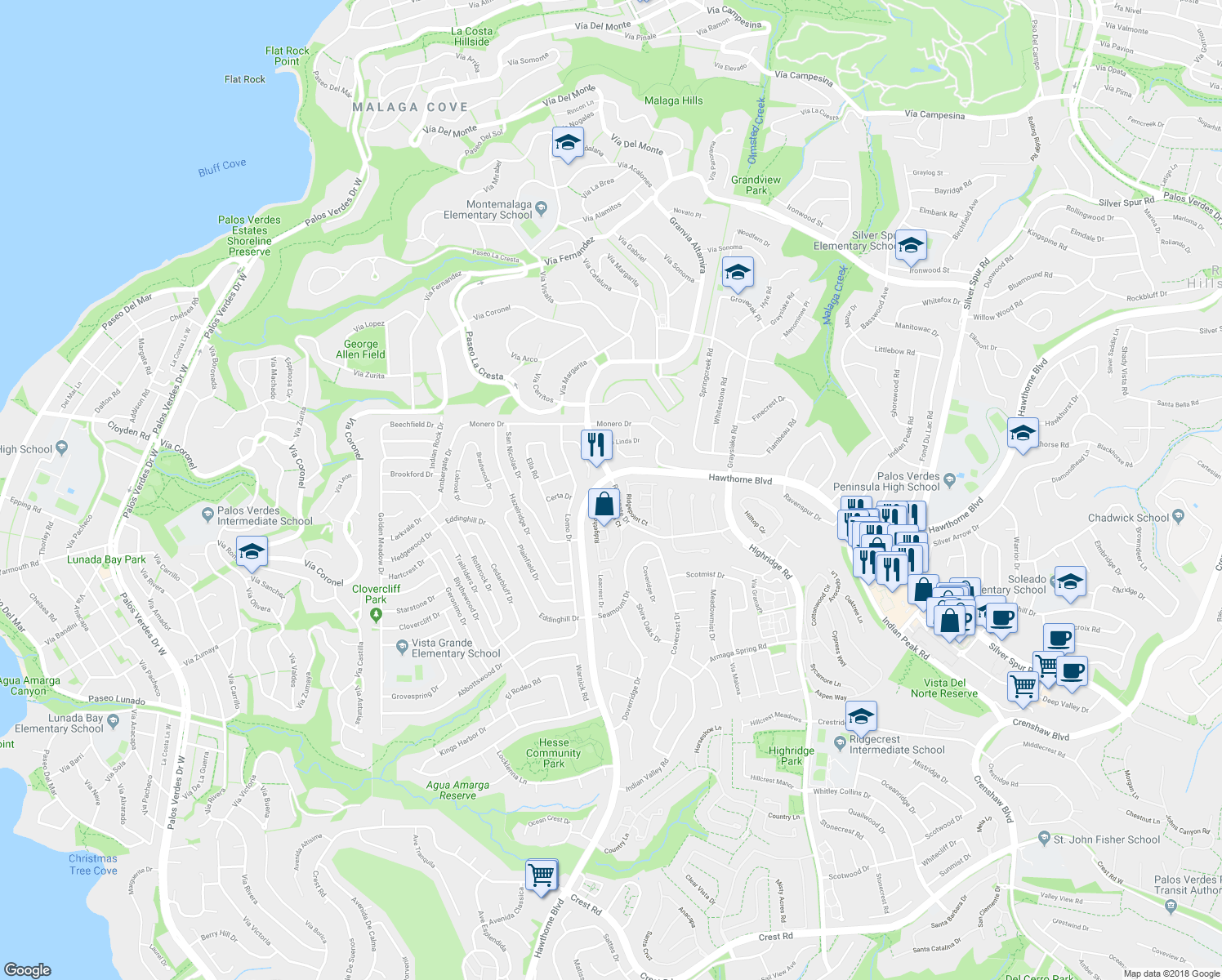 map of restaurants, bars, coffee shops, grocery stores, and more near 28124 Ridgethorne Court in Rancho Palos Verdes