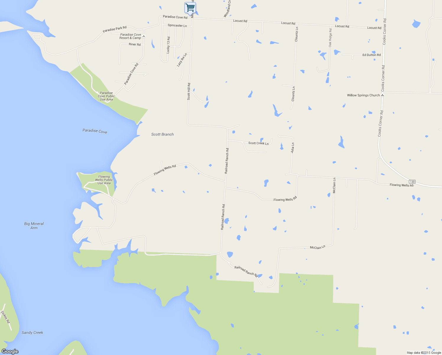 map of restaurants, bars, coffee shops, grocery stores, and more near 1893 Flowing Wells Road in Pottsboro