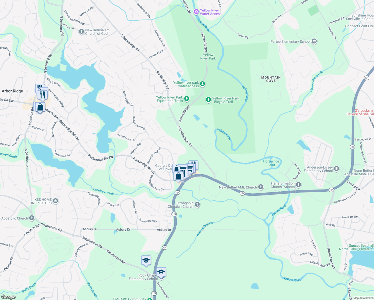 map of restaurants, bars, coffee shops, grocery stores, and more near 3789 S Rockbridge Rd in Stone Mountain