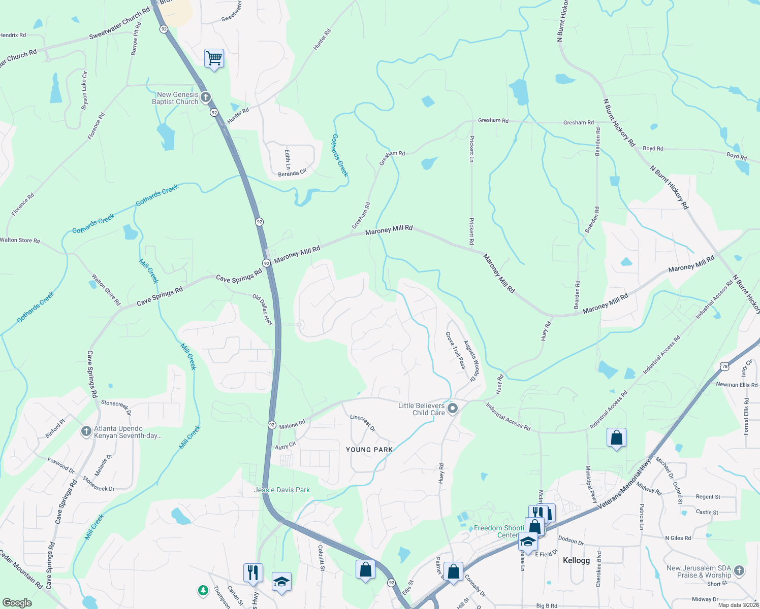 map of restaurants, bars, coffee shops, grocery stores, and more near 7287 Essex Drive in Douglasville