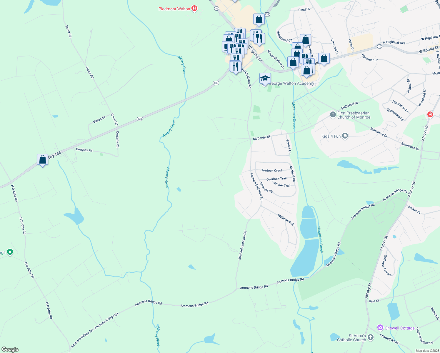 map of restaurants, bars, coffee shops, grocery stores, and more near 910 Rao Drive in Monroe