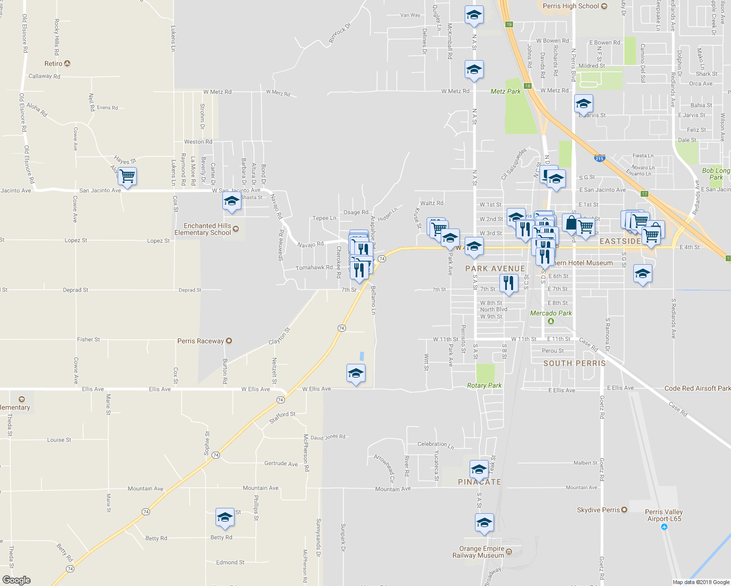map of restaurants, bars, coffee shops, grocery stores, and more near 23500 California 74 in Perris