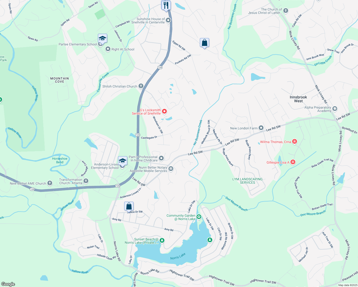 map of restaurants, bars, coffee shops, grocery stores, and more near 4175 Round Stone Drive in Snellville